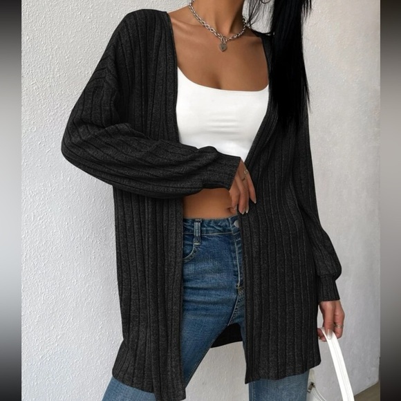 Ribbed knit Open Front Drop Shoulder Coat cardigan sweater black - Picture 1 of 12